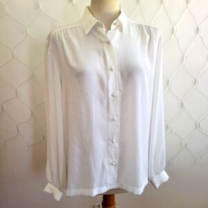 - Vintage 70s Blouse in Crisp White • Button Down • USA Made • Est Medium